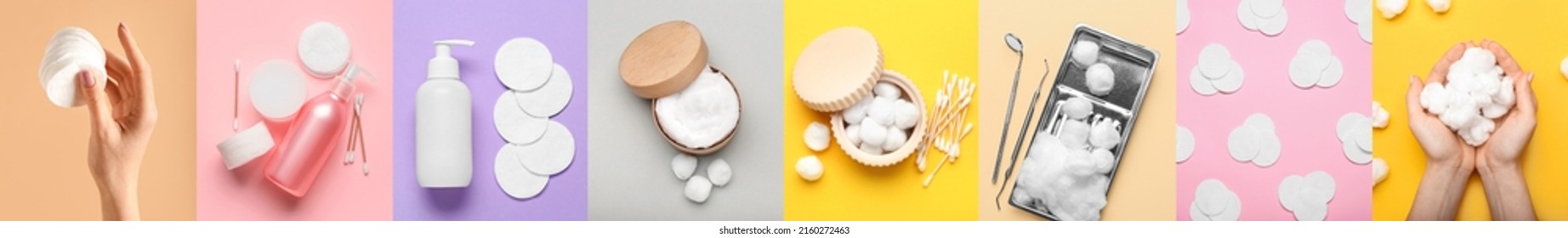 Collage with cotton wool and pads on colorful background - Shutterstock ID 2160272463