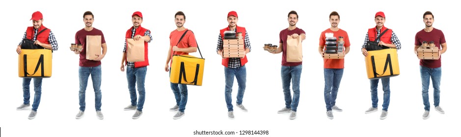 Collage of courier with orders on white background. Food delivery