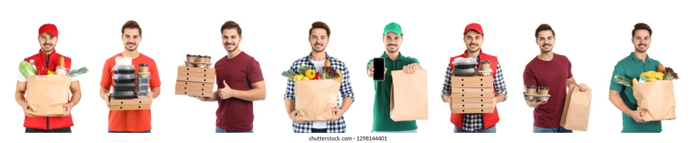 Collage of courier with orders on white background. Food delivery