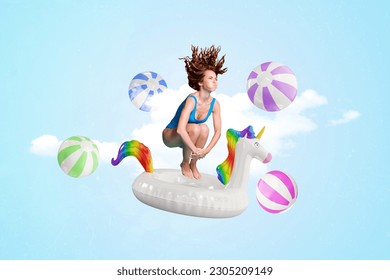 Collage of crazy jumper girl bikini summer season inside inflatable unicorn circle lifebuoy swimming pool isolated over heaven background - Powered by Shutterstock