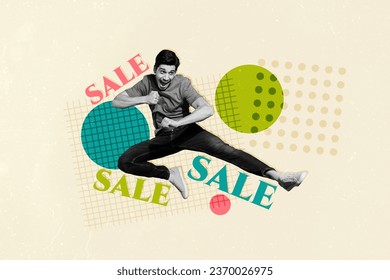 Collage of crazy young man jumping karate sportive guy active shopaholic overjoyed retail price descending isolated on colorful background