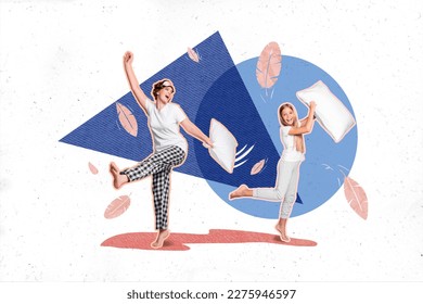 Collage creative 3d artwork picture sketch cheerful glad people girls waking up have fun together isolated drawing background