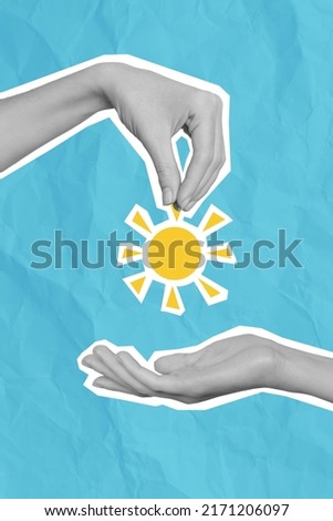 Collage creative artwork of black white color effect hand give sun to other hand isolated on blue paper painting background