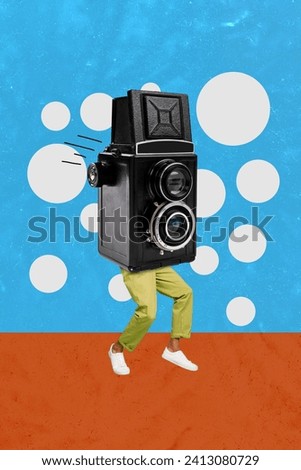 Collage creative illustration of headless cameraman shooting and photographing working like reporter isolated on blue color background
