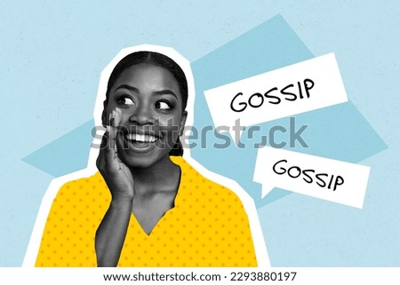 Collage creative image of young girl gossips makers hand cheek speaking look empty space lying saying isolated on blue background