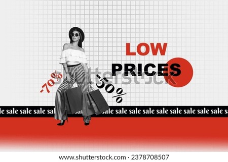 Collage creative marketing solution for black friday fashionista has to buy something low prices isolated on plaid monochrome background