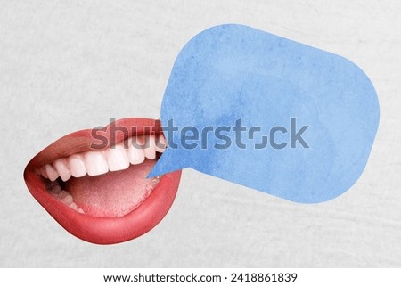 Collage creative poster illustration toothy smile open speak chat communication friend empty blue space white background