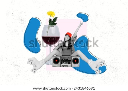 Collage creative poster image black white filter happy excited enjoy young woman rollerblading retro stereo oldschool party template