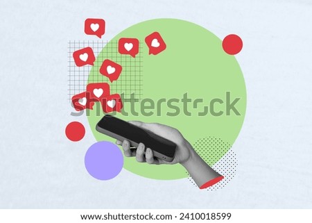 Collage creative poster monochrome effect hand hold smartphone social media network app popular follow like exclusive banner