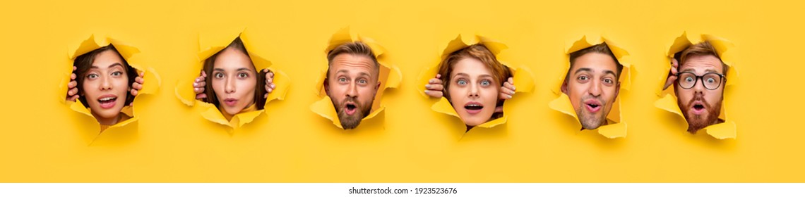 Collage Of Curious Shocked Young People Peeking Out Of Torn Holes In Yellow Paper And Looking At Camera