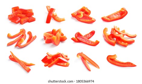 Collage With Cut Red Bell Peppers On White Background