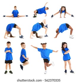Collage of cute children dancing on white background