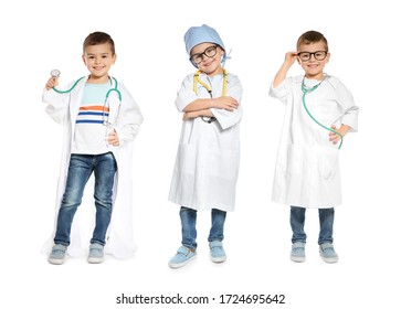 Collage Of Cute Little Child Wearing Doctor Uniform On White Background