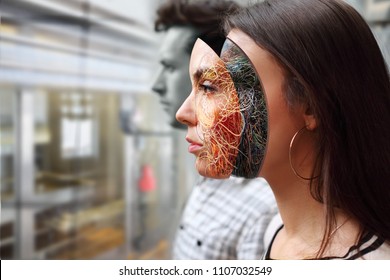 collage cyborg woman and man in factory for production of robots, artificial intelligence concept, closeup, profile view