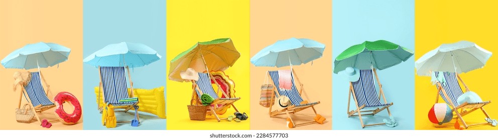 Collage of deck chairs with umbrellas and beach accessories on color background