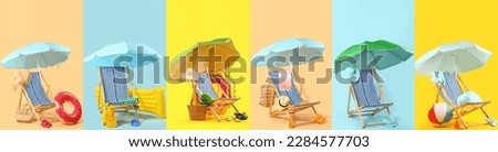 Collage of deck chairs with umbrellas and beach accessories on color background