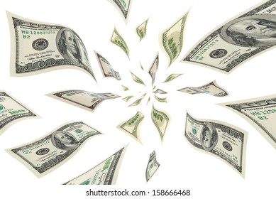 Collage With Deformed, Flying Dollar Bills On A White Background.