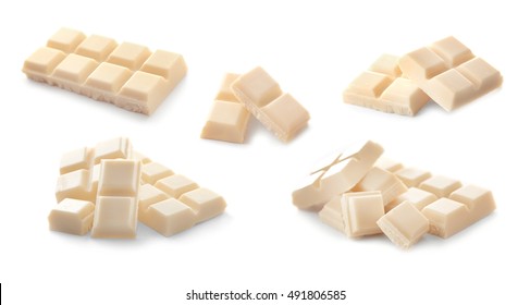 Collage of delicious chocolate on white background
