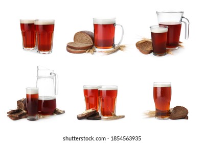 Collage With Delicious Kvass On White Background