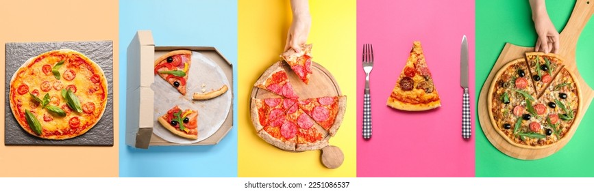 Collage with delicious pizzas on color background - Powered by Shutterstock