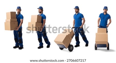 A collage of a delivery courier in multiple poses with a hand cart of parcels, isolated on a white background, showing various delivery actions for logistics and service concepts.
