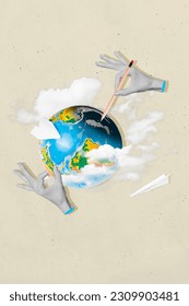 Collage design picture creative surreal artwork of hands holding globe planet earth pen write explore geography isolated on grey background