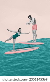 Collage design picture of two young student swim clothes diving ocean surfboard carefree enjoy tour abroad isolated on drawn background - Shutterstock ID 2301145369