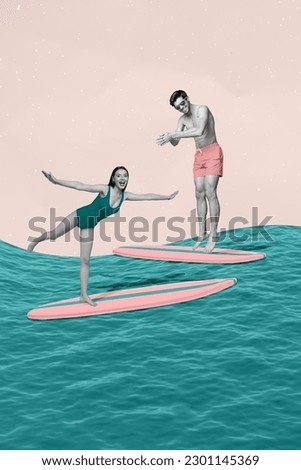 Collage design picture of two young student swim clothes diving ocean surfboard carefree enjoy tour abroad isolated on drawn background