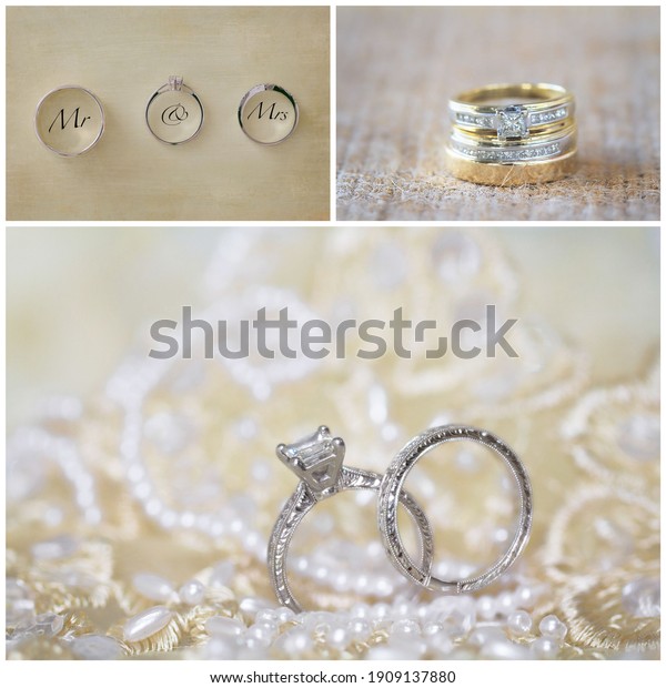 A collage of diamond engagement and wedding\
rings on soft neutral\
backgrounds