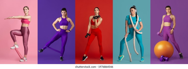 Collage of different 4 professional sportswomen, fit people in action and motion isolated on multicolored background. Flyer. Concept of sport, achievements, competition, championship. Fit and powerful