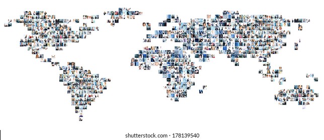 Collage of different business pictures collected as world map. Finance, success, technology, communication, market, time and money concept.