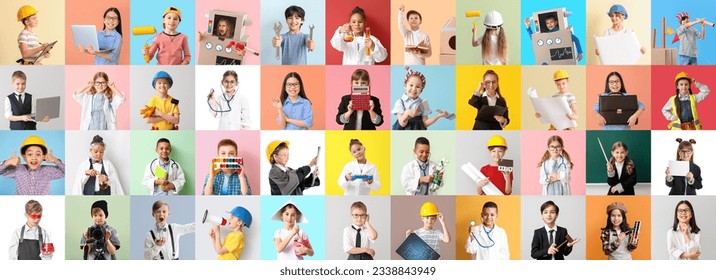 Collage of different children dreaming about their future professions on color background