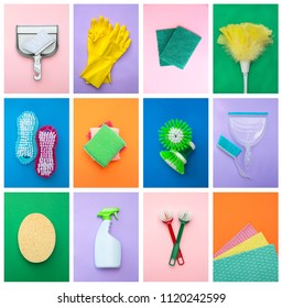 Collage different cleaning items  like rubber gloves  cleaning spray bottle  brushes  sponges   broom  an different coloured background