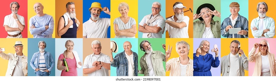 Collage of different elderly people on color background - Powered by Shutterstock