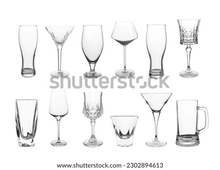 Collage with different empty glasses on white background