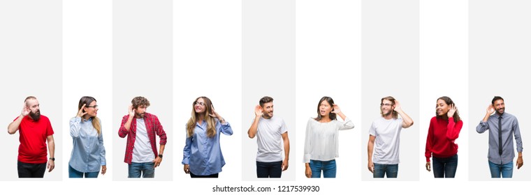 Collage of different ethnics young people over white stripes isolated background smiling with hand over ear listening an hearing to rumor or gossip. Deafness concept. - Shutterstock ID 1217539930