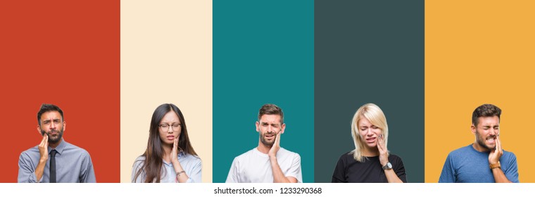 Collage of different ethnics young people over colorful stripes isolated background touching mouth with hand with painful expression because of toothache or dental illness on teeth. Dentist concept.