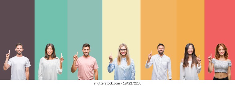 Collage Of Different Ethnics Young People Over Colorful Stripes Isolated Background Showing And Pointing Up With Finger Number One While Smiling Confident And Happy.