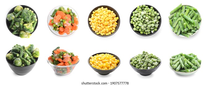 Collage Of Different Frozen Vegetables On White Background