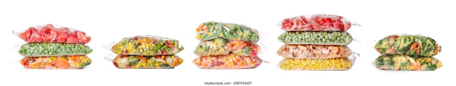 Collage of different frozen vegetables on white background - Shutterstock ID 1987554107