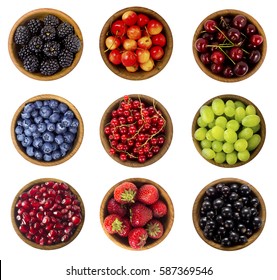 Collage Of Different Fruits And Berries Isolated On White. Blueberries, Cherries, Blackberries, Grapes, Strawberries, Currants. Collection Of Fruits And Berries In A Bowl. Top View.