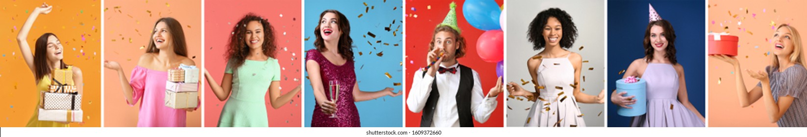 Collage with different happy people celebrating Birthday - Shutterstock ID 1609372660