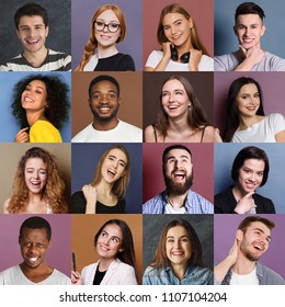 Collage of different happy people. Set of male and female positive portraits. Young people smiling at camera on colorful studio backgrounds