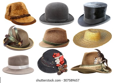 collage with different hats isolated over white background