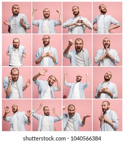 The collage of different human facial expressions, emotions and feelings of young man. Happy business man standing and smiling isolated on studio background. Human emotions, facial expression concept.