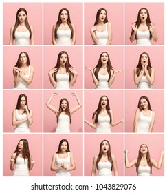 The collage of different human facial expressions, emotions and feelings of young woman. Happy businesswoman standing and smiling isolated on studio background. Human emotions, facial expression - Shutterstock ID 1043829076