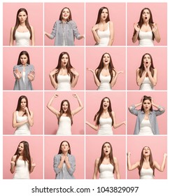 The collage of different human facial expressions, emotions and feelings of young woman. Happy businesswoman standing and smiling isolated on studio background. Human emotions, facial expression - Shutterstock ID 1043829097