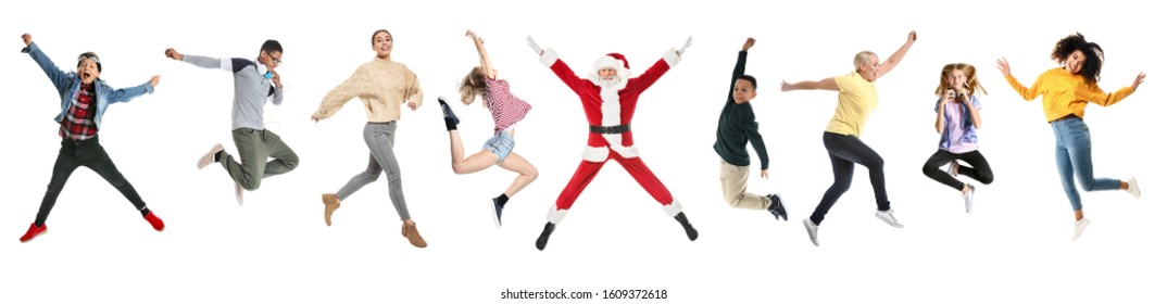 Collage with different jumping people on white background - Shutterstock ID 1609372618