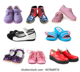 Collage Of Different Kids Shoes Isolated On White Background