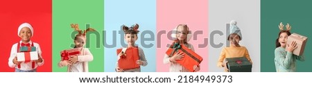 Collage of different little children with Christmas gifts on color background